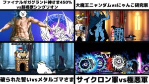 「ファイナルギガグランド神さま450%vs超禍獣シングリオン」「大魔王ニャンダムvsにゃんこ研究家」「破られた誓いvsメタルゴマさま」「サイクロン軍vs極悪軍」を戦わせてみた【リクエスト】